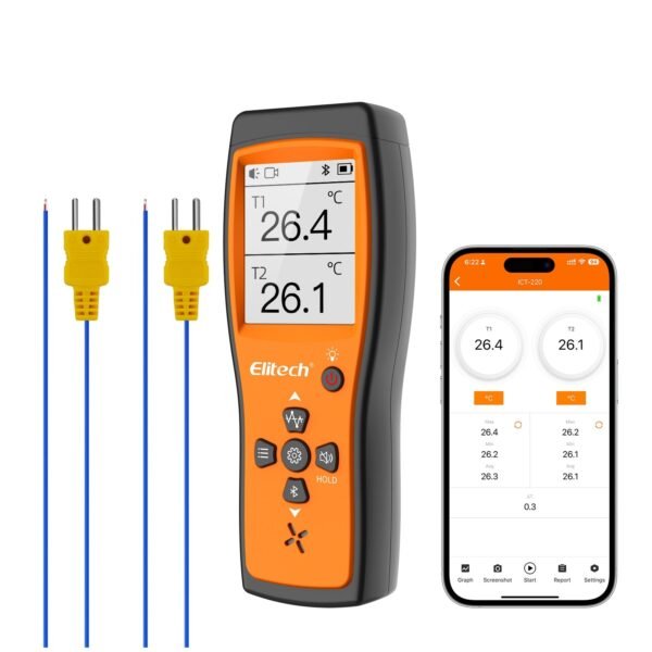 Elitech ICT-220 Bluetooth Dual Thermocouple Thermometer – High Precision K-Type Temperature Data Logger with App, Rapid Response, Suitable for Refrigeration, Automotive Maintenance and Heat Pump Industries